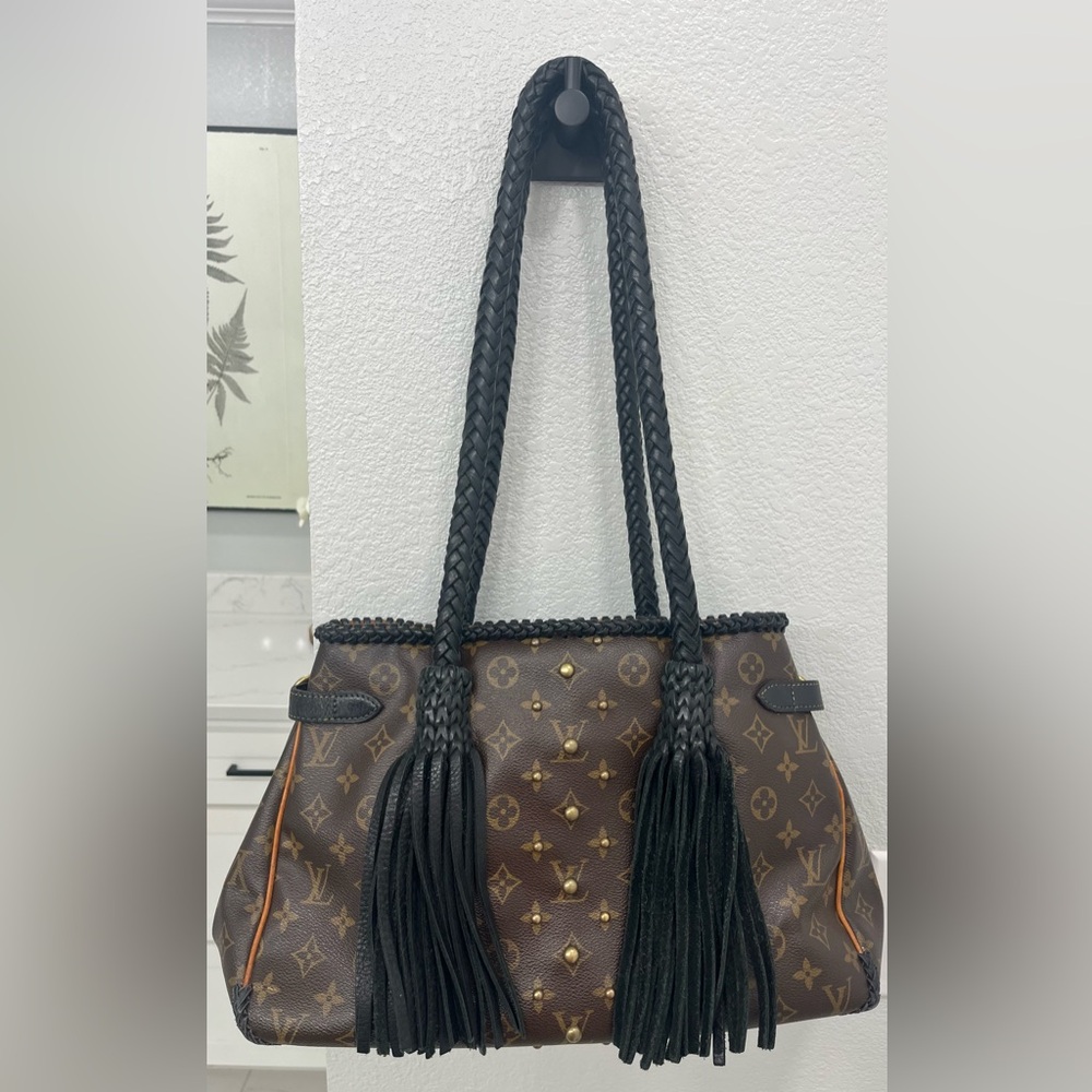 Louis Vuitton Brown Monogram Canvas Shoulder Bag with Black Braided Tassels - Picture 2 of 11